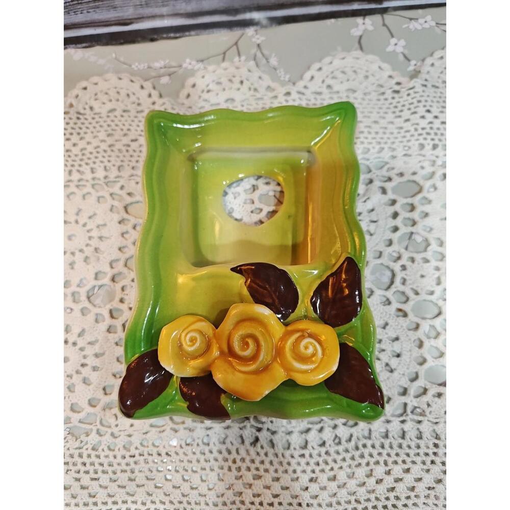 1963 Yellow Rose Art Pottery Wall Pocket Vintage Decor Hanging Vase Frame Unique
